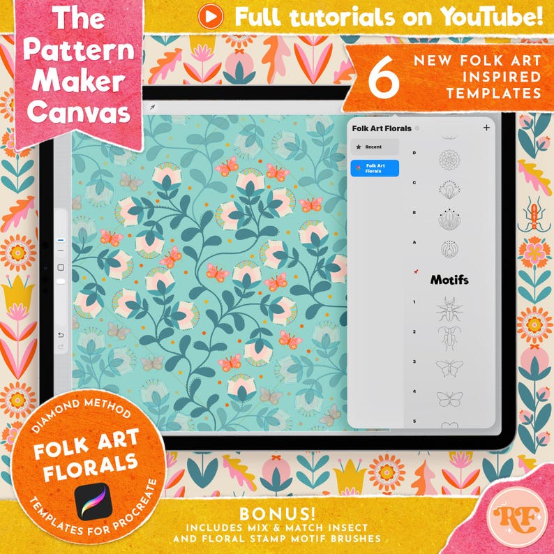 May include: A digital art template on a tablet screen, featuring a floral pattern with butterflies in shades of pink, blue, and green. The screen displays the text "Folk Art Florals" and "Motifs". The image also includes the text "The Pattern Maker Canvas".