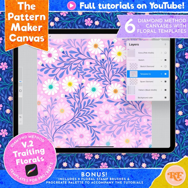 The Pattern Maker Canvas Trailing Floral Templates V2, Diamond Method Canvas for Procreate, Pattern Templates for Surface Pattern Design afbeelding 1