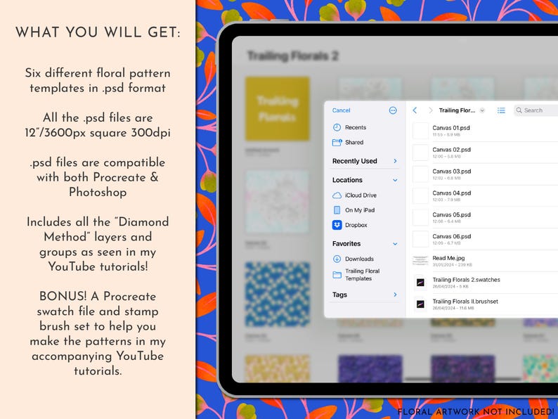 Op de afbeelding: Een digitaal tabletscherm toont een bestandsbeheerder met een lijst met bestanden met de titel "Trailing Florals 2". De bestanden zijn in .psd-formaat en zijn 30,48 cm bij 91,44 cm, 300 dpi. De bestanden zijn compatibel met Procreate en Photoshop. De tekst "FLORAL ARTWORK NOT INCLUDED" staat onderaan het scherm.
