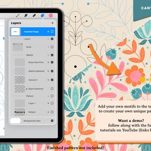 May include: Digital art tutorial on a tablet, showcasing layers and a floral pattern design. The image includes text that says "Add your own motifs to the template to create your own unique patterns!" and "Want a demo? follow along with the full tutorials on YouTube".