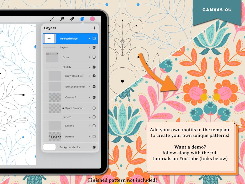 May include: Digital art tutorial on a tablet, showcasing layers and a floral pattern design. The image includes text that says "Add your own motifs to the template to create your own unique patterns!" and "Want a demo? follow along with the full tutorials on YouTube".
