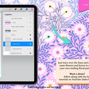Op de afbeelding: Een digitale illustratiehandleiding op een tabletscherm met een lijntekening van een bloemenpatroon. De handleiding instructeert gebruikers om de lijnen te traceren en bloemen en bladeren toe te voegen om hun eigen hangende bloemenpatronen te maken. De tekst bevat ook een oproep tot actie om een demo op YouTube te bekijken.