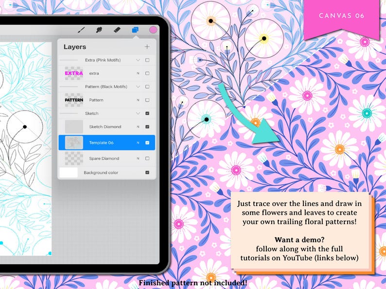 Op de afbeelding: Een digitale illustratiehandleiding op een tabletscherm met een lijntekening van een bloemenpatroon. De handleiding instructeert gebruikers om de lijnen te traceren en bloemen en bladeren toe te voegen om hun eigen hangende bloemenpatronen te maken. De tekst bevat ook een oproep tot actie om een demo op YouTube te bekijken.