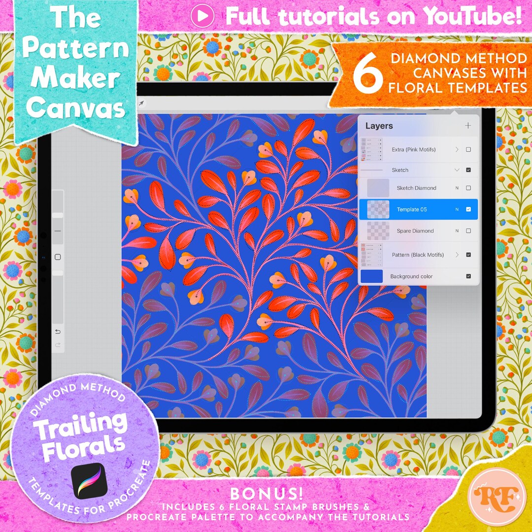 The Pattern Maker Canvas Trailing Floral Templates, Diamond Method ...