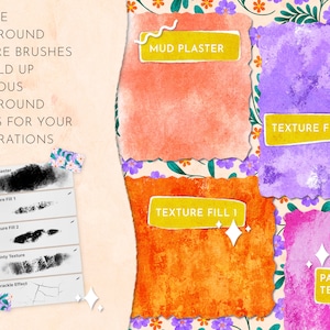 以下が含まれることがあります： デジタルアートで使用するための4つのデジタル水彩テクスチャブラシ。ブラシは「Mud Plaster」、「Texture Fill 1」、「Texture Fill 2」、「Painty Texture」とラベル付けされています。