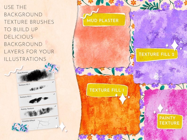 以下が含まれることがあります： デジタルアートで使用するための4つのデジタル水彩テクスチャブラシ。ブラシは「Mud Plaster」、「Texture Fill 1」、「Texture Fill 2」、「Painty Texture」とラベル付けされています。