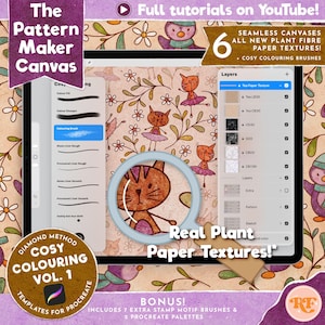 Puede incluir: Tutorial de arte digital en tableta, con un diseño floral y de gatos. La pantalla muestra "Real Plant Paper Textures!" y plantillas "Cosy Colouring" para Procreate. Incluye pinceles y paletas de bonificación.
