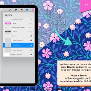 Op de afbeelding: Een digitale illustratie-tutorial die laat zien hoe je een bloemenpatroon kunt maken. De tutorial toont een screenshot van een digitale tekenapp met een lijntekening van een bloemenpatroon aan de linkerkant van het scherm en een voltooid bloemenpatroon aan de rechterkant van het scherm. De tekst op het scherm zegt: "Volg gewoon de lijnen en teken bloemen en bladeren om je eigen rankende bloemenpatronen te maken! Wil je een demo? Volg de volledige tutorials op YouTube (links hieronder). Voltooid patroon niet inbegrepen."