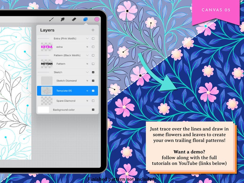 Op de afbeelding: Een digitale illustratie-tutorial die laat zien hoe je een bloemenpatroon kunt maken. De tutorial toont een screenshot van een digitale tekenapp met een lijntekening van een bloemenpatroon aan de linkerkant van het scherm en een voltooid bloemenpatroon aan de rechterkant van het scherm. De tekst op het scherm zegt: "Volg gewoon de lijnen en teken bloemen en bladeren om je eigen rankende bloemenpatronen te maken! Wil je een demo? Volg de volledige tutorials op YouTube (links hieronder). Voltooid patroon niet inbegrepen."