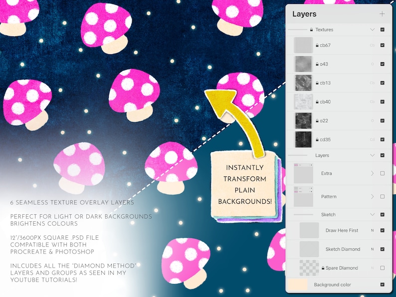 以下が含まれることがあります： 白い水玉模様のピンクのキノコが、白い点のある濃い青色の背景に描かれたデジタルイラスト。画像には、「シンプルな背景を瞬時に変身させよう！」というテキストボックスと、「レイヤー、テクスチャ、追加、パターン、スケッチ、最初にここに描く、ダイヤモンドスケッチ、スペアダイヤモンド、背景色」というテキストが書かれたレイヤーパネルが含まれています。