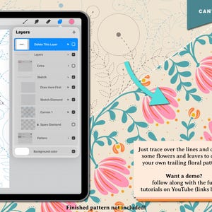 May include: Digital art tutorial on a tablet, featuring a floral pattern design. The screen shows layers and drawing tools. The background has a floral pattern with pink flowers and teal leaves. Text says, "Just trace over the lines and draw in some flowers and leaves to create your own trailing floral patterns!"