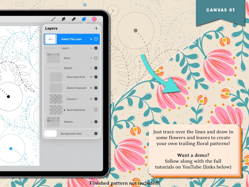 May include: Digital art tutorial on a tablet, featuring a floral pattern design. The screen shows layers and drawing tools. The background has a floral pattern with pink flowers and teal leaves. Text says, "Just trace over the lines and draw in some flowers and leaves to create your own trailing floral patterns!"