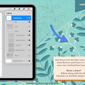 May include: A digital art tutorial on a tablet screen, showing layers and a floral pattern. The image includes text that says "Just trace over the lines and draw in some flowers and leaves to create your own trailing floral patterns!"
