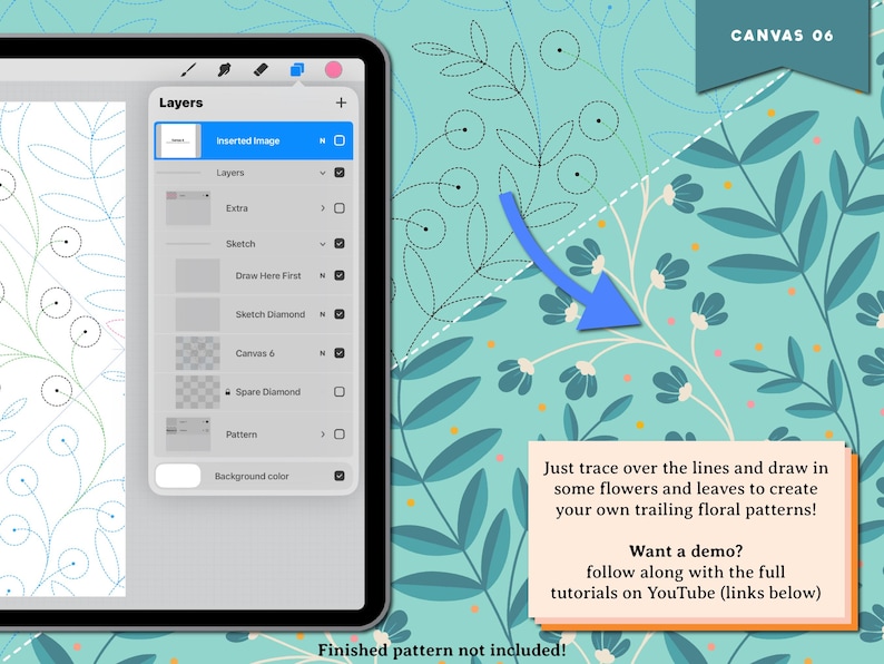 May include: A digital art tutorial on a tablet screen, showing layers and a floral pattern. The image includes text that says "Just trace over the lines and draw in some flowers and leaves to create your own trailing floral patterns!"