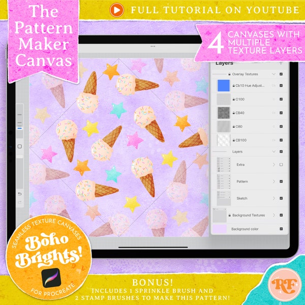 The Pattern Maker Canvas for Procreate Vol.II Boho Brights, Seamless Texture Overlays, Diamond Method Canvas for Procreate