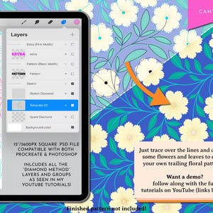 Op de afbeelding: Een digitale illustratiehandleiding voor het maken van bloemmotieven. De afbeelding toont een digitale tekening op een tabletscherm met een bloemmotief. De handleiding bevat instructies om over de lijnen te traceren en bloemen en bladeren te tekenen om je eigen rankende bloemmotieven te maken. De afbeelding bevat ook een call-to-action om de volledige tutorials op YouTube te volgen.