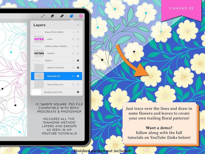 Op de afbeelding: Een digitale illustratiehandleiding voor het maken van bloemmotieven. De afbeelding toont een digitale tekening op een tabletscherm met een bloemmotief. De handleiding bevat instructies om over de lijnen te traceren en bloemen en bladeren te tekenen om je eigen rankende bloemmotieven te maken. De afbeelding bevat ook een call-to-action om de volledige tutorials op YouTube te volgen.