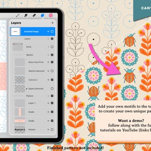 May include: A digital art tutorial on a tablet, showcasing layers and design elements. The background features a repeating pattern of stylized flowers and insects in orange, teal, and pink. Text on the image encourages users to create unique patterns.