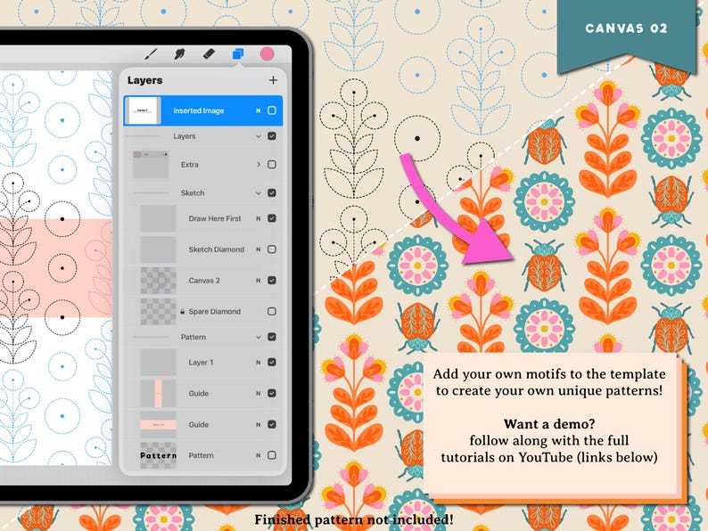 May include: A digital art tutorial on a tablet, showcasing layers and design elements. The background features a repeating pattern of stylized flowers and insects in orange, teal, and pink. Text on the image encourages users to create unique patterns.