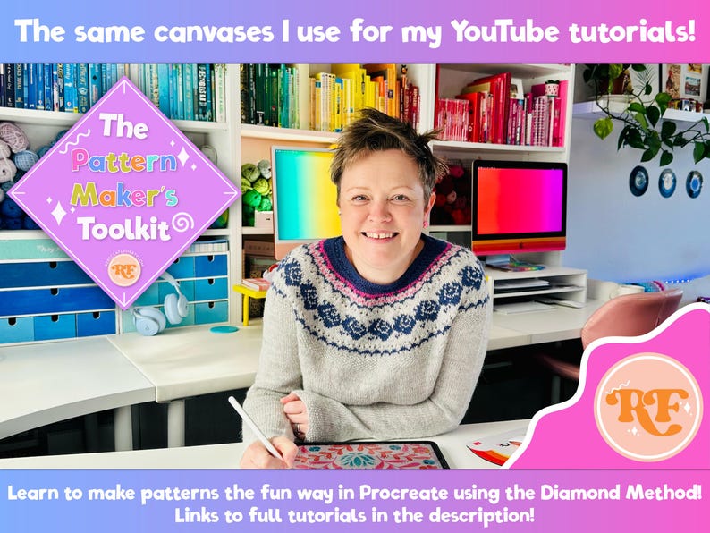 May include: A woman smiling, holding a stylus and tablet, with text that reads "The Pattern Maker's Toolkit". The image includes text: "The same canvases I use for my YouTube tutorials!" and "Learn to make patterns the fun way in Procreate using the Diamond Method! Links to full tutorials in the description!"