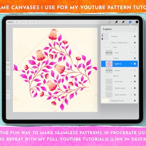 以下が含まれることがあります： タブレットの画面にピンクの花柄のデジタルイラストが表示されています。画面には、Procreateアプリのデザインのレイヤーが表示されています。画面のテキストには、「THE SAME CANVASES I USE FOR MY YOUTUBE PATTERN TUTORIALS!」と「LEARN THE FUN WAY TO MAKE SEAMLESS PATTERNS IN PROCREATE USING THE DIAMOND REPEAT WITH MY FULL YOUTUBE TUTORIALS! (LINK IN DESCRIPTION)」と表示されています。