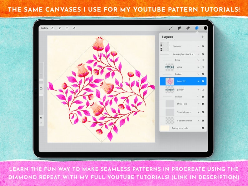 以下が含まれることがあります： タブレットの画面にピンクの花柄のデジタルイラストが表示されています。画面には、Procreateアプリのデザインのレイヤーが表示されています。画面のテキストには、「THE SAME CANVASES I USE FOR MY YOUTUBE PATTERN TUTORIALS!」と「LEARN THE FUN WAY TO MAKE SEAMLESS PATTERNS IN PROCREATE USING THE DIAMOND REPEAT WITH MY FULL YOUTUBE TUTORIALS! (LINK IN DESCRIPTION)」と表示されています。