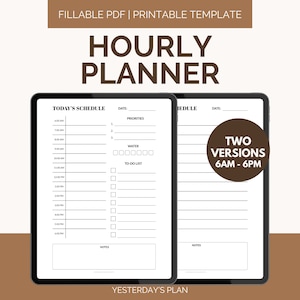 Hourly Planner | 6AM - 6PM | Daily Hourly Schedule | Time Blocking Planner | Time Tracker | Fillable PDF | US Letter | Half Letter | A4 | A5