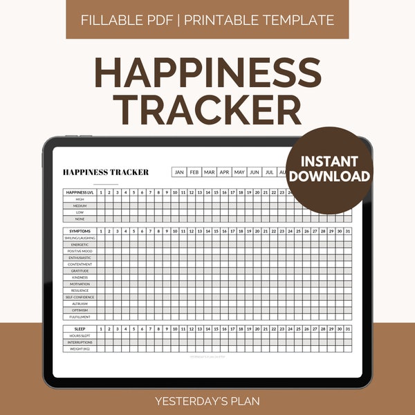 Happiness Tracker | Printable Happiness Template | Emotion Tracker Template | Daily Happiness Log | Fillable PDF US Letter Half Letter A4 A5