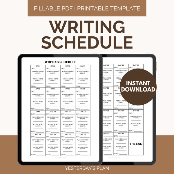 Writing Schedule Template | Writing Routine Planner | Daily Writing Schedule | Writing Tracker | Fillable PDF | US Letter Half Letter A4 A5