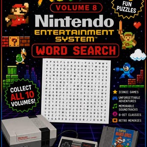 May include: Retro Nintendo Entertainment System Volume 8 word search puzzle book. Features classic 8-bit video game characters and a Nintendo console, controller, and Super Mario Bros. game cartridge. Includes the text "Collect All 10 Volumes!"