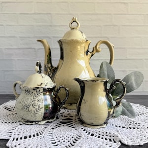 Service à thé Bavaria vintage pour enfant - Mini théière en porcelaine, 8 tasses et soucoupes Sucre - vaisselle jouet florale noire crème