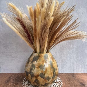 Mid-Century Modern Wood & Resin Vase: Earth Tone Marbled Boho Decor