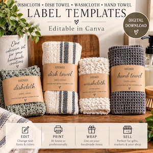 May include: A set of four folded textiles including a green dishcloth, a striped dish towel, a cream washcloth, and a dark gray waffle-weave hand towel. Each item features a brown paper label with the text Handmade and product names.
