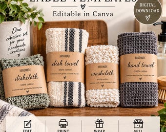 Printable Kitchen and Bath Wrap Labels | Dishcloth, Washcloth, Hand & Dish Towel | Editable Canva Template | Handmade Packaging