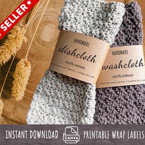 Editable Wrap Label Set – Dishcloth, Washcloth, Dishtowel, Hand Towel – Printable PDF + Canva Template – Handmade Gift Packaging