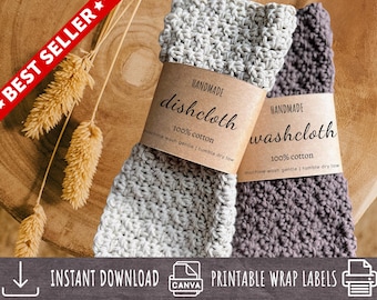 Printable Dishcloth & Towel Wrap Labels: Crochet, Knit Packaging (PDF + Canva Template)