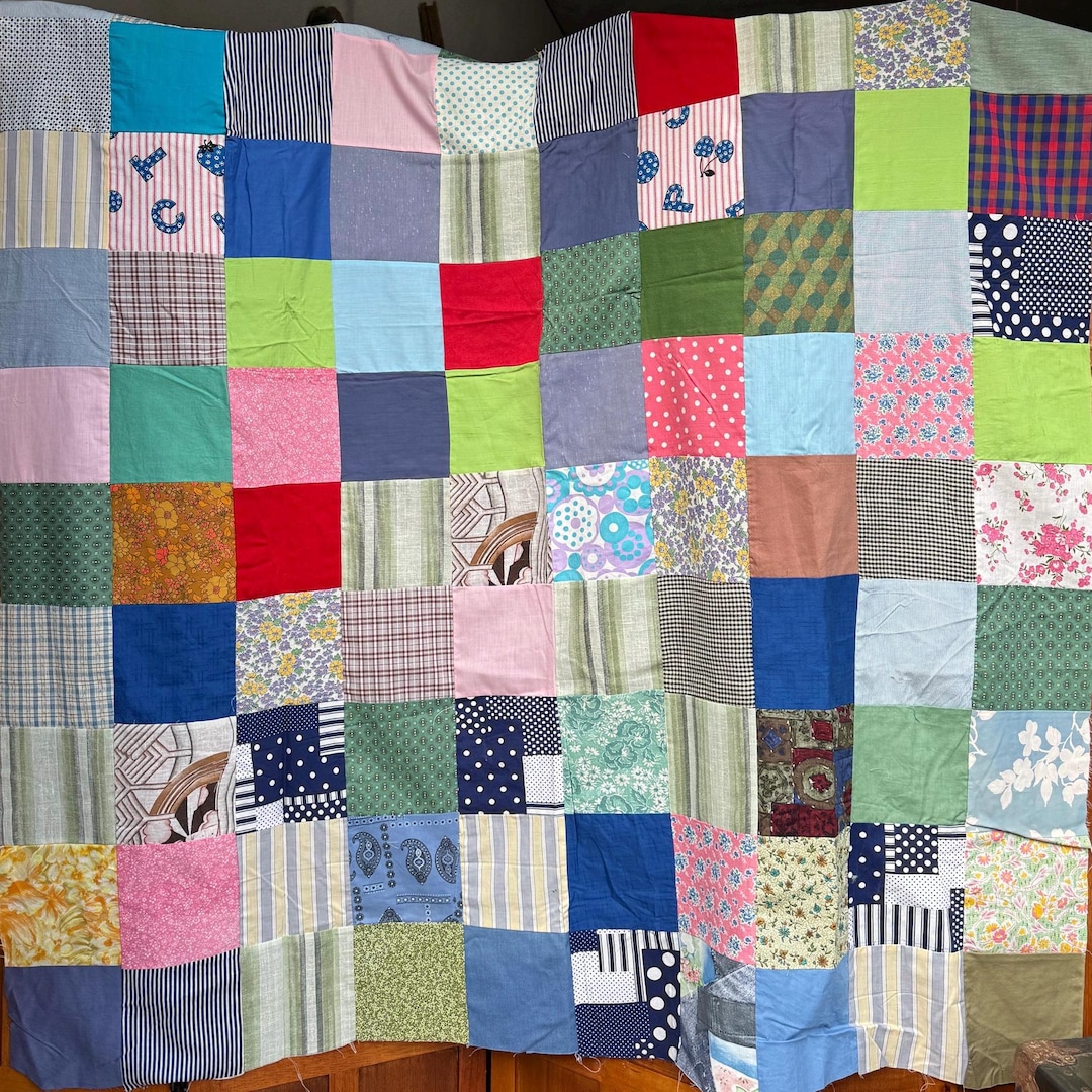 Vintage Scrappy Quilt Top: Handmade Patchwork, Retro Fabric Mix (55x74 ...