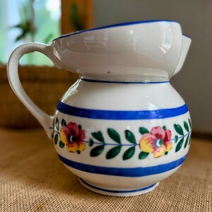Vintage Hand-Painted Floral Pitcher: Blue Trim Cottagecore Decor
