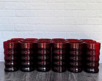 Vintage Royal Ruby Whirly Twirly Glasses - Mid Century Modern Barware, Set of 18