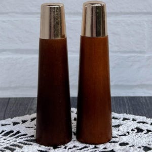Mid Century Modern Salt & Pepper Shakers | Wood and Metal Tapered Shakers | Vintage Taiwan Kitchen Tableware