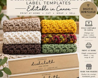 Bewerkbaar sjabloon voor etiketten voor vaatdoeken en washandjes, gehaakte productverpakking, printbaar canvaslabel, handgemaakte verpakking, digitale download