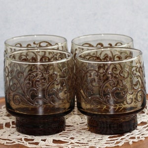 Vintage Libbey Prado 8 oz Brown Etched Juice Glasses – Set of 4 – Midcentury Modern Barware – Retro Drinkware – Collectible Glassware Set