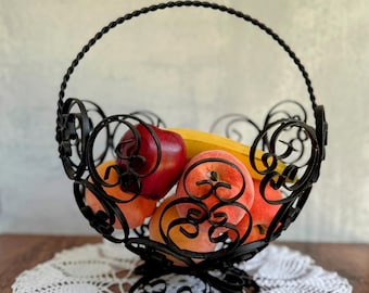 Vintage Wrought Iron Fruit Basket: Black Metal Mid Century Decor