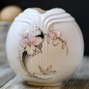 MCM Porcelain Collectible Vase – Vintage Orchid & Butterfly Design – Decorative Midcentury Ceramic – Retro Floral Home Decor Accent
