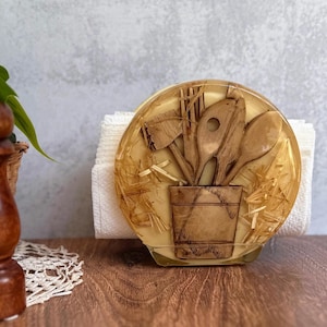Vintage Lucite Napkin Holder with Embedded Wooden Utensils – 1960s Midcentury Resin Kitchen Decor – Retro Table Organizer