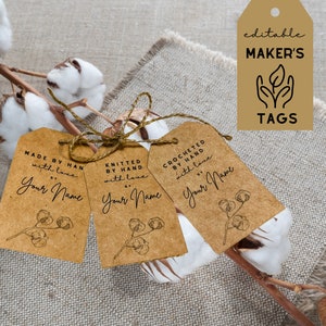 Customizable Hanging Maker's Tags | DIY Maker's Tag Set | Editable Hang Tag Templates for Crocheted, Knitted, or Made By Hand Creations
