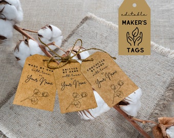 Customizable Hanging Maker's Tags | DIY Maker's Tag Set | Editable Hang Tag Templates for Crocheted, Knitted, or Made By Hand Creations