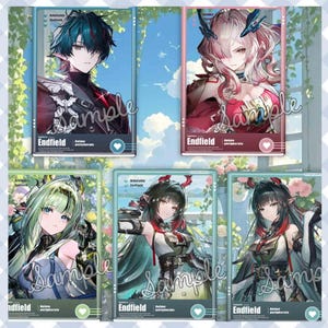 May include: Five anime-style character cards. Each card features a different character with unique hair and clothing. The cards have the word "Sample" written across them. The cards are framed with a light blue border and the word "Endfield" is written on the bottom.