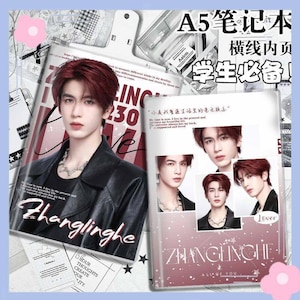 May include: An A5 notebook featuring a portrait of a person with reddish-brown hair wearing a black jacket. The cover displays the name Zhanglinghe, multiple photos of the same person, and English text including the phrase All of you.