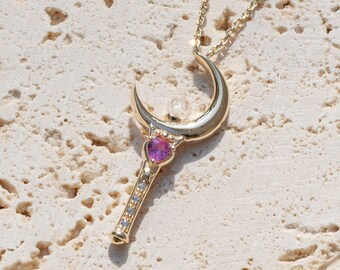 Collier clé de bijoux Anime, collier cœur, collier Sailor Moon, baguette magique, collier étoile, argent sterling 100%